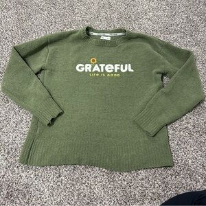 Life Is Good Knit Sweater Women’s Small Green Sunflower Graphic Long Sleeve